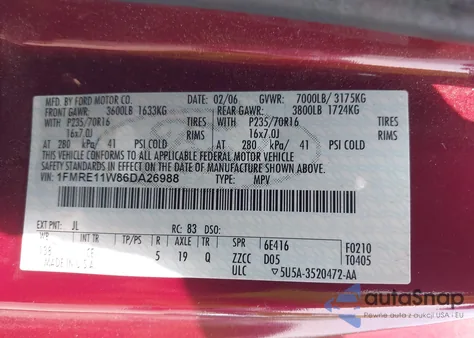 2006 Ford E-150 Xl/Xlt из США, поврежденный, VIN 1FMRE11W86DA26988